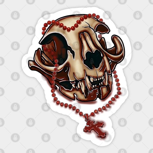 Red skull cat and crucifix Sticker by Dugleidy Santos